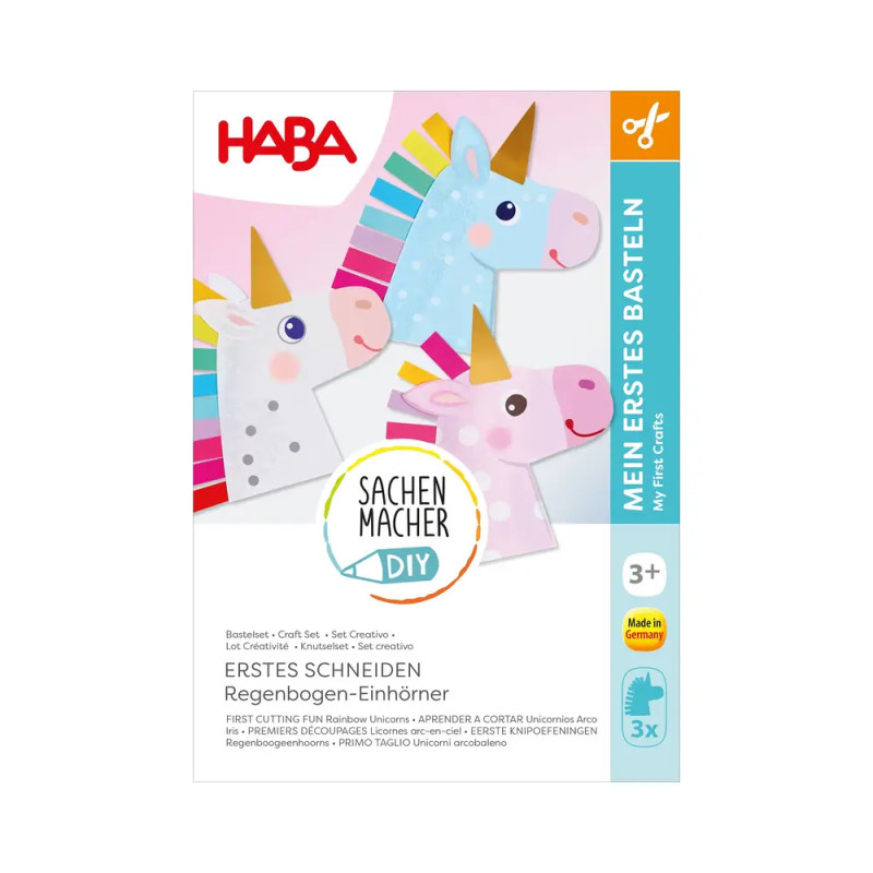 Bastelset-Box mit drei pastellfarbenen Einhörnern, Scherensymbol, HABA-Logo geeignet ab 3 Jahren.