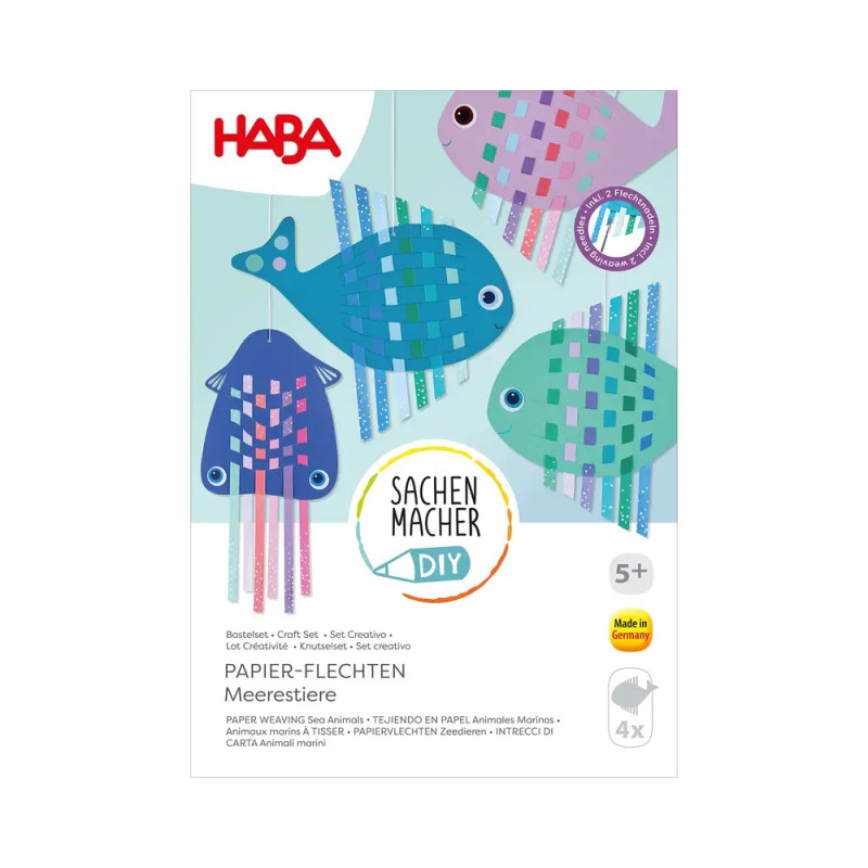 Buntes HABA Bastelset mit Fischmotiv und Webmustern für Kinder ab 5 Jahren.