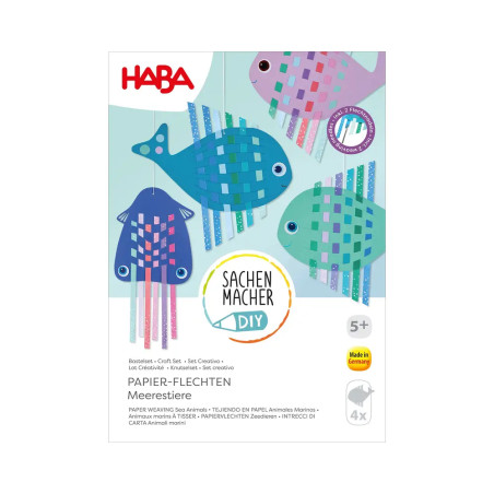 Buntes HABA Bastelset mit Fischmotiv und Webmustern für Kinder ab 5 Jahren.
