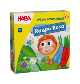 Bunte Raupe Rosa Spieleschachtel mit lächelnder Raupen-Illustration und Blumen, geeignet ab 2 Jahren.