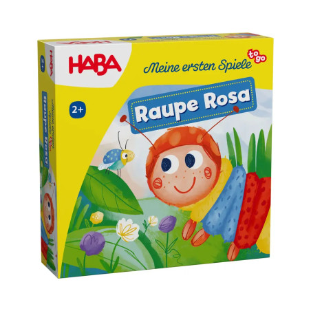 Bunte Raupe Rosa Spieleschachtel mit lächelnder Raupen-Illustration und Blumen, geeignet ab 2 Jahren.