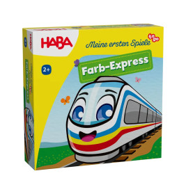Bunte HABA-Spielschachtel mit lachendem Zug als Cartoon und dem Titel "Farb-Express".