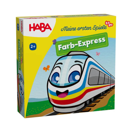 Bunte HABA-Spielschachtel mit lachendem Zug als Cartoon und dem Titel "Farb-Express".