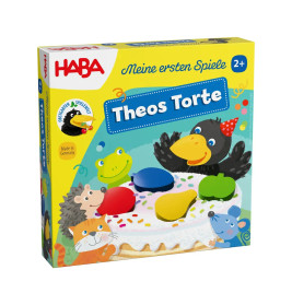Bunte HABA Theos Torte Box mit Tierfiguren um eine Torte, geeignet für Kinder ab 2 Jahren.
