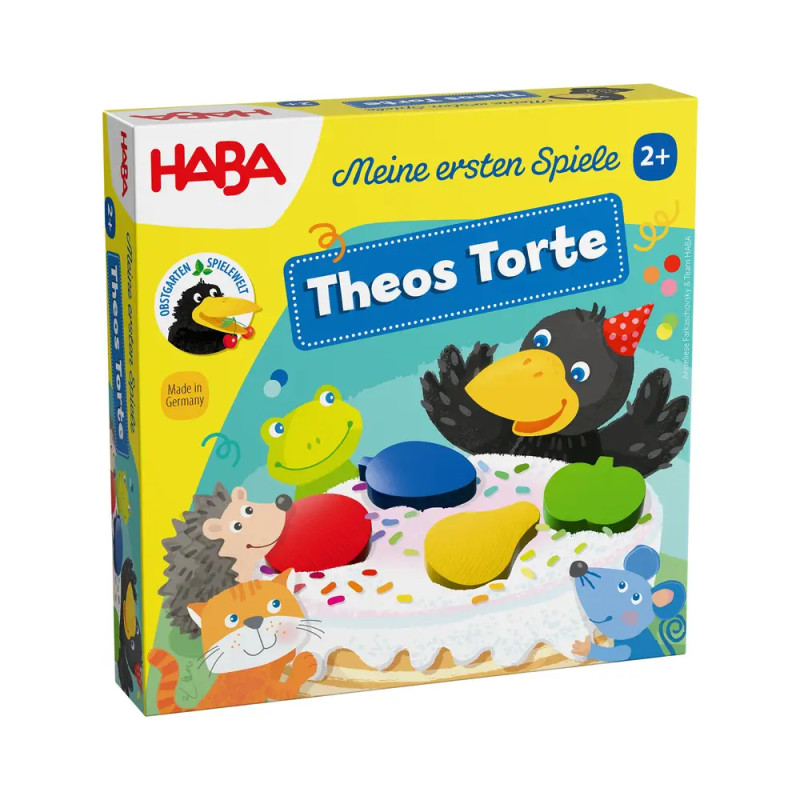 Bunte HABA Theos Torte Box mit Tierfiguren um eine Torte, geeignet für Kinder ab 2 Jahren.