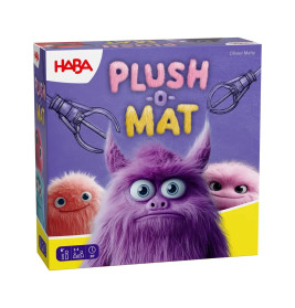 Spieleschachtel von Plush-O-Mat mit drei bunten, flauschigen Monstern auf der Vorderseite.