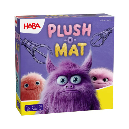 Spieleschachtel von Plush-O-Mat mit drei bunten, flauschigen Monstern auf der Vorderseite.