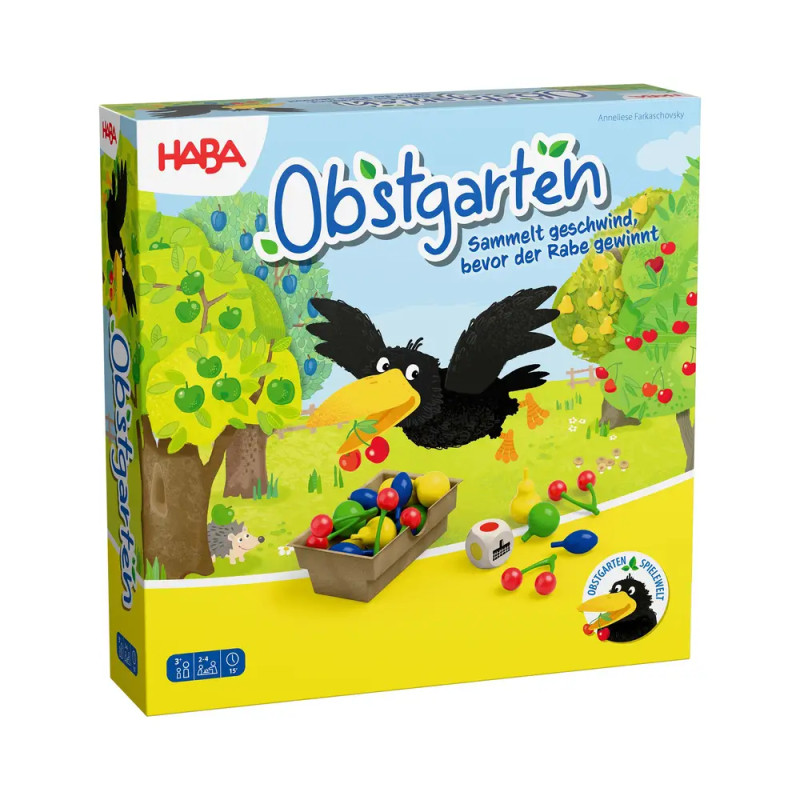 Spielschachtel Obstgarten mit gezeichnetem Raben, Obst, Bäumen und bunten Spielfiguren.