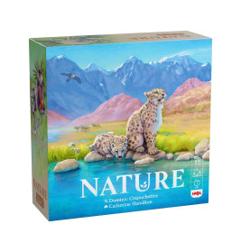 Brettspielbox mit zwei Schneeleoparden am See vor Bergkulisse, Titel "Natur".