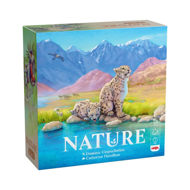 Brettspielbox mit zwei Schneeleoparden am See vor Bergkulisse, Titel "Natur".