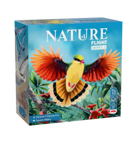 Spielschachtel Nature Flight mit farbigem Vogel mit ausgebreiteten Flügeln und tropischem Blattwerk.