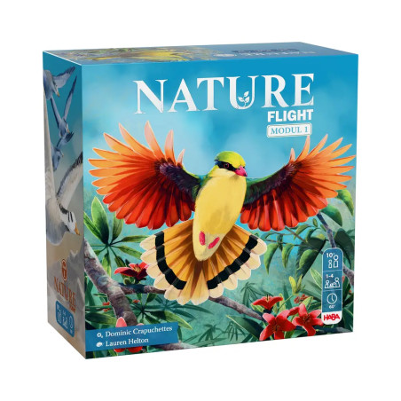 Spielschachtel Nature Flight mit farbigem Vogel mit ausgebreiteten Flügeln und tropischem Blattwerk.