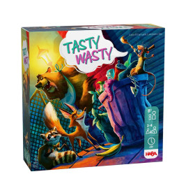 Bunte Spielschachtel von Tasty Wasty mit animierten Tieren, die nachts in Mülltonnen wühlen.