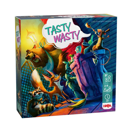 Bunte Spielschachtel von Tasty Wasty mit animierten Tieren, die nachts in Mülltonnen wühlen.