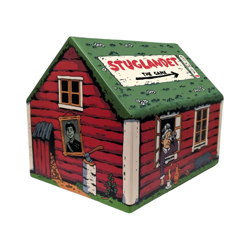 Rotes Holzhaus im Cartoonstil mit dem Schild "STUGLANDET THE GAME" auf dem Dach und einer Figur am Fenster.