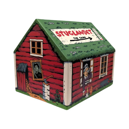 Rotes Holzhaus im Cartoonstil mit dem Schild "STUGLANDET THE GAME" auf dem Dach und einer Figur am Fenster.