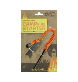 Campfire Starter Set mit orangener Kordel, Metallzünder und Verpackung von Terra Kids.