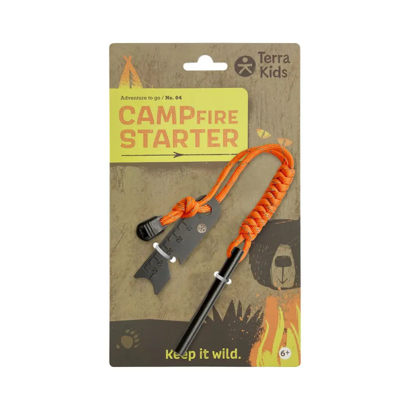 Campfire Starter Set mit orangener Kordel, Metallzünder und Verpackung von Terra Kids.