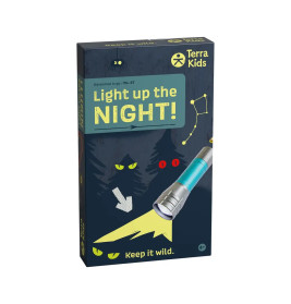 Terra Kids Light up the NIGHT! Abenteuer-Set mit Taschenlampe und leuchtenden Tieraugen auf dem Karton.