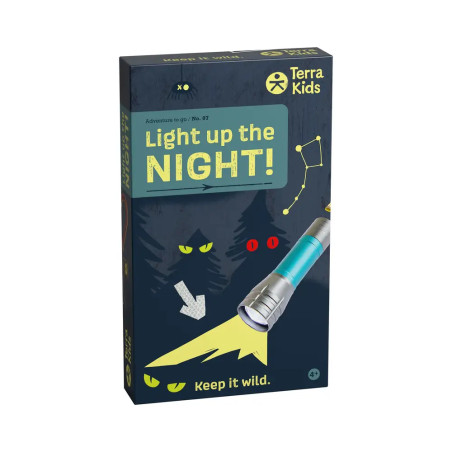 Terra Kids Light up the NIGHT! Abenteuer-Set mit Taschenlampe und leuchtenden Tieraugen auf dem Karton.