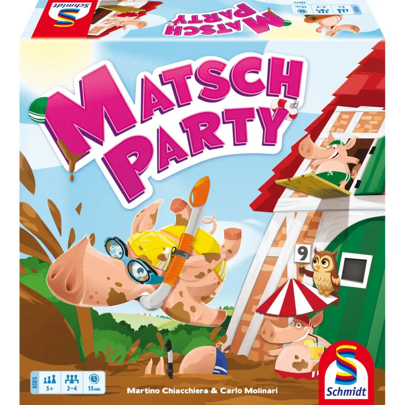 Bunte Brettspielschachtel mit Comic-Schweinen in sommerlicher Szene mit Taucherbrillen, Schnorcheln und Sonnenschirmen.