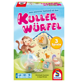 Kuller Würfel-Spielbox mit fröhlichem Affen, Tieren und buntem Text. Geeignet für Kinder ab 2 Jahren.