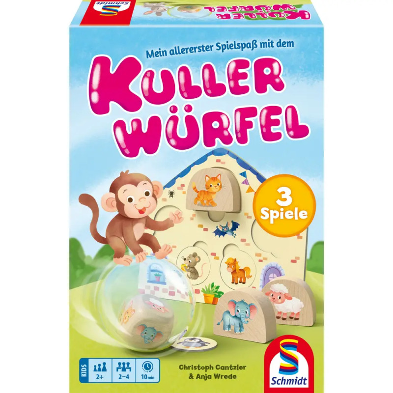 Kuller Würfel-Spielbox mit fröhlichem Affen, Tieren und buntem Text. Geeignet für Kinder ab 2 Jahren.