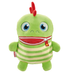 Grünes Plüsch-Monster mit großen blauen Augen, rotem Reißverschlussmund, Streifen und rotem Haarbüschel.