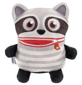 Plüschwaschbär mit gestreiftem Körper, großen Augen und rotem Reißverschluss-Mund sitzt aufrecht.