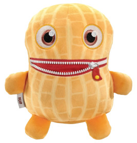 Stofftier in Erdnussform mit großen Augen und rotem Reißverschluss als Mund.