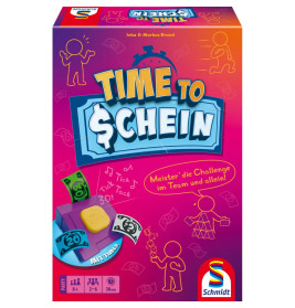 Bunte Time to $chein Brettspielbox mit Comicfiguren, Geldscheinen und Spielfiguren auf dem Cover.