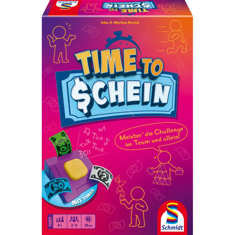 Bunte Time to $chein Brettspielbox mit Comicfiguren, Geldscheinen und Spielfiguren auf dem Cover.