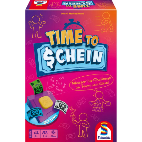 Bunte Time to $chein Brettspielbox mit Comicfiguren, Geldscheinen und Spielfiguren auf dem Cover.