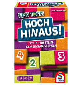 Bunte Tippi Toppi Hoch Hinaus Spieleschachtel mit Zahlen 4, 2, 3 und Schmidt-Logo unten.