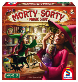 Zwei Hexen in einem bunten Zauberladen mit Tränken, einem schwarzen Kater und magischen Gegenständen im Regal.