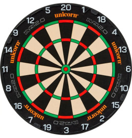 Klassische runde Dartscheibe mit schwarzen, weißen, roten und grünen Feldern sowie Zahlen am Rand.