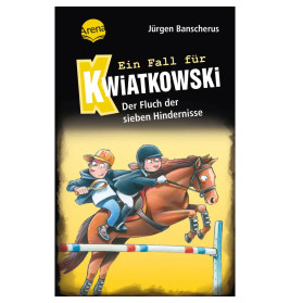 Buchcover: Zwei Jungen reiten auf einem Pferd über ein Hindernis. Titel: Ein Fall für Kwiatkowski.