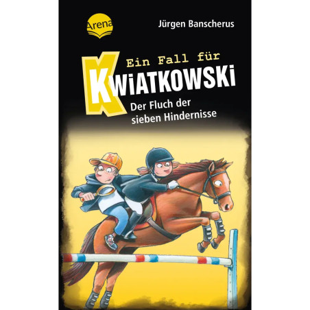 Buchcover: Zwei Jungen reiten auf einem Pferd über ein Hindernis. Titel: Ein Fall für Kwiatkowski.