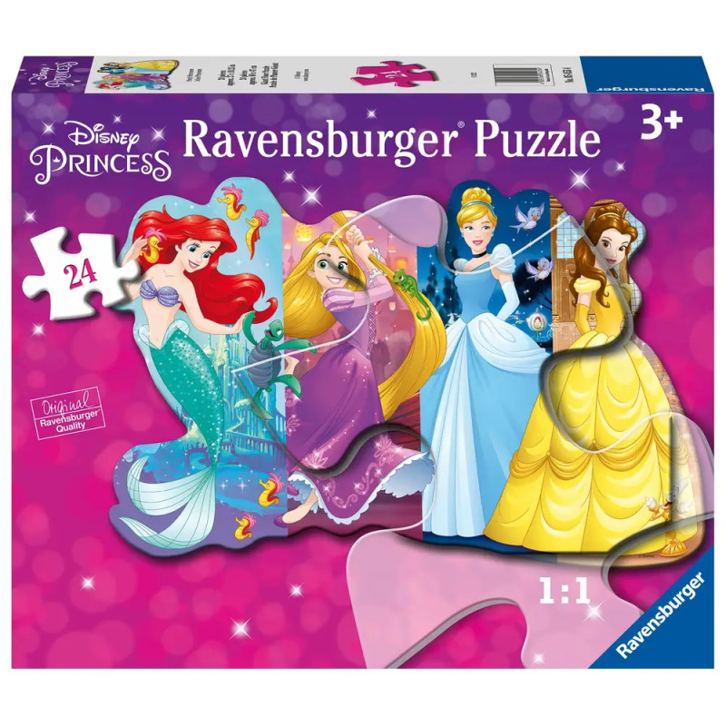 Disney Princess Ravensburger Puzzle, 24 Teile, mit Ariel, Rapunzel, Cinderella und Belle vor rosa Hintergrund.