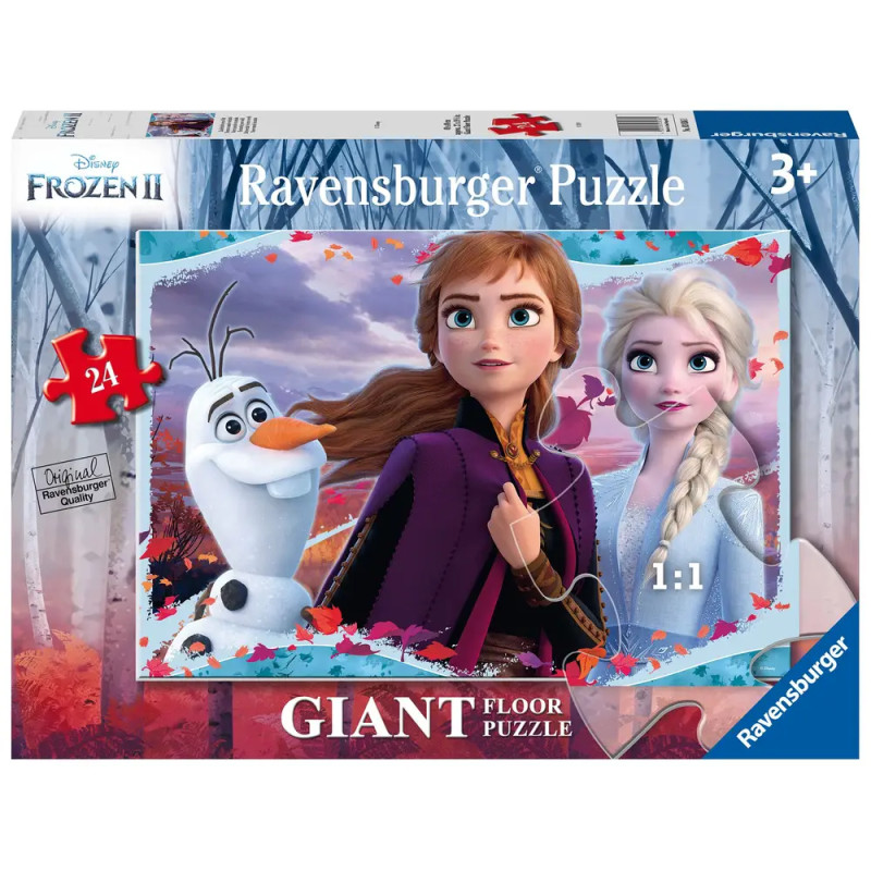 Ravensburger Frozen II Riesenpuzzle mit Anna, Elsa und Olaf auf der Box, geeignet für Kinder ab 3 Jahren.