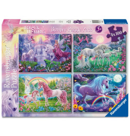 Ravensburger Einhorn-Puzzle-Box ab 5 Jahren mit vier bunten Fantasieszenen, jeweils mit Einhörnern und Regenbögen.