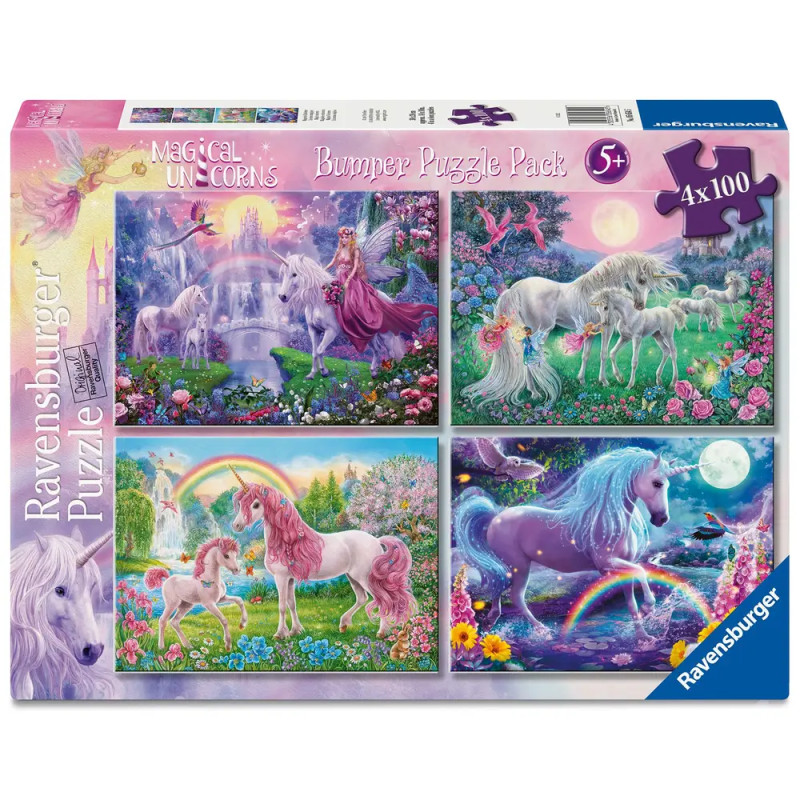 Ravensburger Einhorn-Puzzle-Box ab 5 Jahren mit vier bunten Fantasieszenen, jeweils mit Einhörnern und Regenbögen.