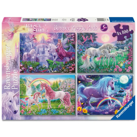Ravensburger Einhorn-Puzzle-Box ab 5 Jahren mit vier bunten Fantasieszenen, jeweils mit Einhörnern und Regenbögen.
