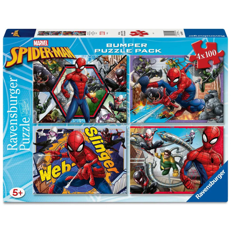 Ravensburger Marvel Spider-Man Puzzlebox mit 4 bunten Motiven, geeignet für Kinder ab 5 Jahren.