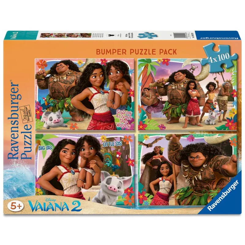 Ravensburger Disney Vaiana Puzzlebox mit zwei Motiven: Moana, Maui und Pua in vier farbenfrohen Szenen.