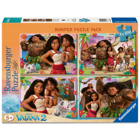 Ravensburger Disney Vaiana Puzzlebox mit zwei Motiven: Moana, Maui und Pua in vier farbenfrohen Szenen.