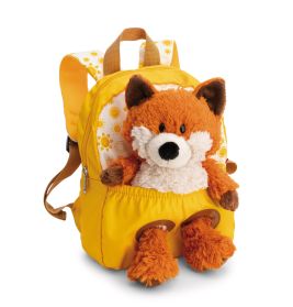 Gelber Rucksack mit Sonnenmuster, im Frontfach steckt ein Plüschfuchs.