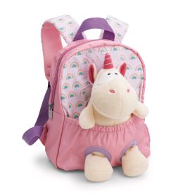 Rosa Kinderrucksack mit Regenbogendruck und einem Plüsch-Einhorn im vorderen Fach.