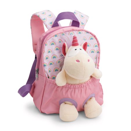 Rosa Kinderrucksack mit Regenbogendruck und einem Plüsch-Einhorn im vorderen Fach.