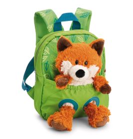 Grüner Kinder-Rucksack mit einem Plüsch-Fuchs auf der Vorderseite.